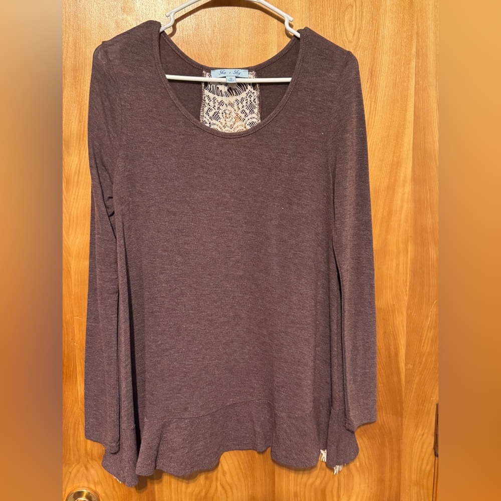She + Sky Chocolate Long Sleeve Top with Lace Detail